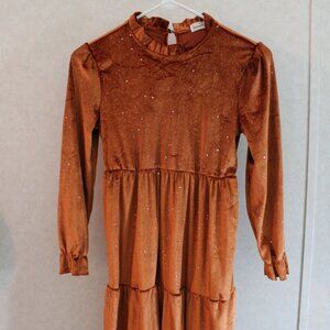 Rust Glitter Tiered Midi Dress – Long Sleeve, Size 5-14 years